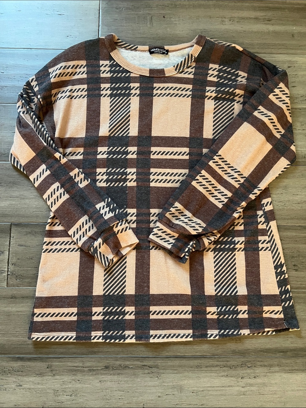 HEIMISH USA Brown & Cream Plaid Crewneck Sweater